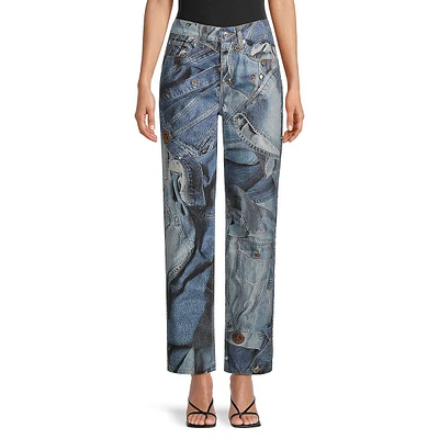 Straight-Leg Denim-Print Jeans