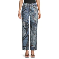 Straight-Leg Denim-Print Jeans