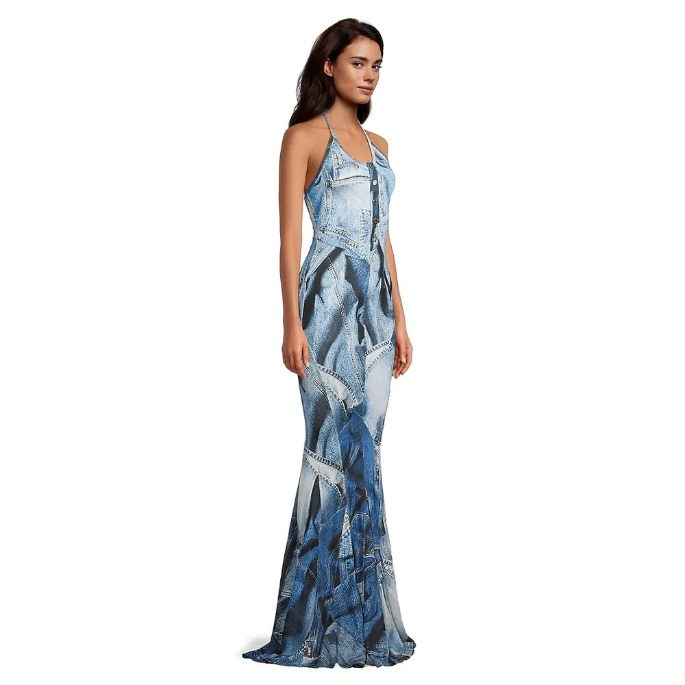 Patchwork-Print Halter Gown