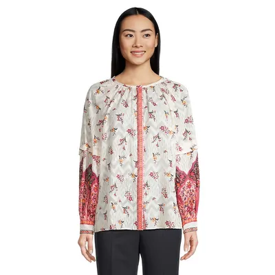 Lucky Brand Women's Open Neck Embroidered Peasant Blouse, Pink