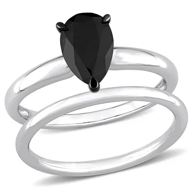 1 Ct Tw Pear Black Diamond Solitaire Bridal Set 14k White Gold