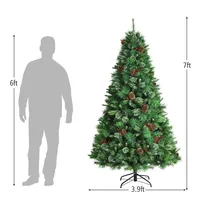 Costway 7ft Pre-lit Hinged Artificial Christmas Tree W/pine Cones & Red Berries