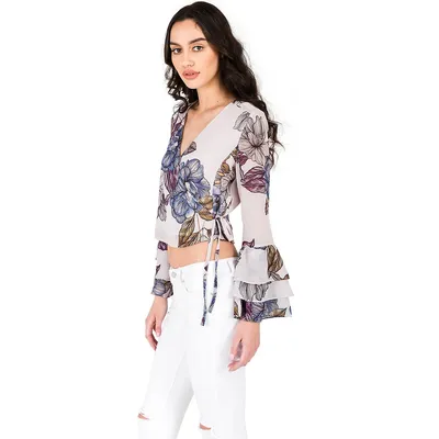 Modern Floral Chiffon Crossover Flare Sleeve Blouse