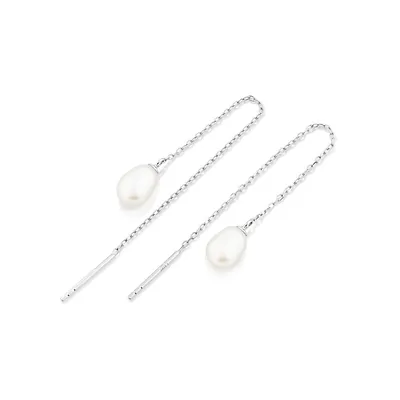 6mm Threader Earrings With Cultured Freshwater Pearls In Sterling Silver