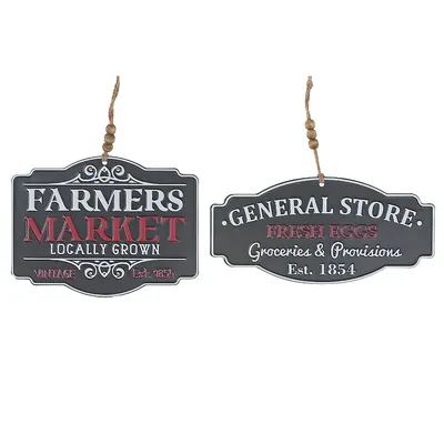 Embossed Metal Ornament Farmers Market/general Store Asstd - Set Of 2