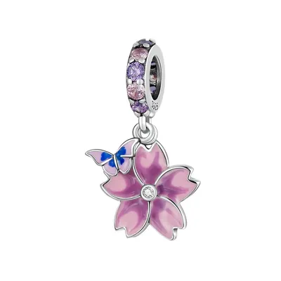 Sterling Silver Purple Floral Butterfly Dangling Charm
