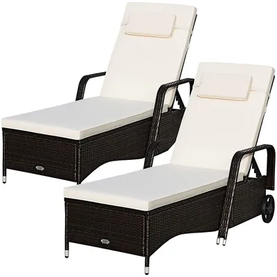 Costway 2pcs Patio Rattan Lounge Chair Chaise Adjustable Recliner Cushioned Sofa Garden