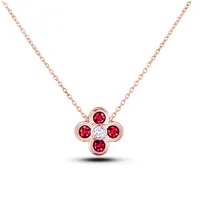 10k Rose Gold 0.30 Cttw Ruby & 0.05 Ct Round Brilliant Cut Diamond Flower Necklace