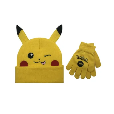 Pokemon Big Face Pikachu Wink Kids Beanie With Ears And Gloves Set