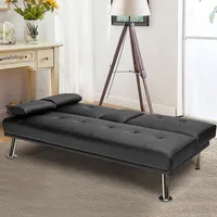 Convertible Folding Futon Sofa Bed Leather W/cup Holders&armrests