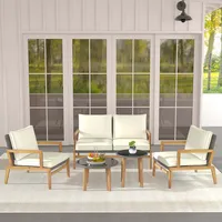 5 Piece Rattan Furniture Set Wicker Woven Sofa Set With Solid Acacia Wood Frame