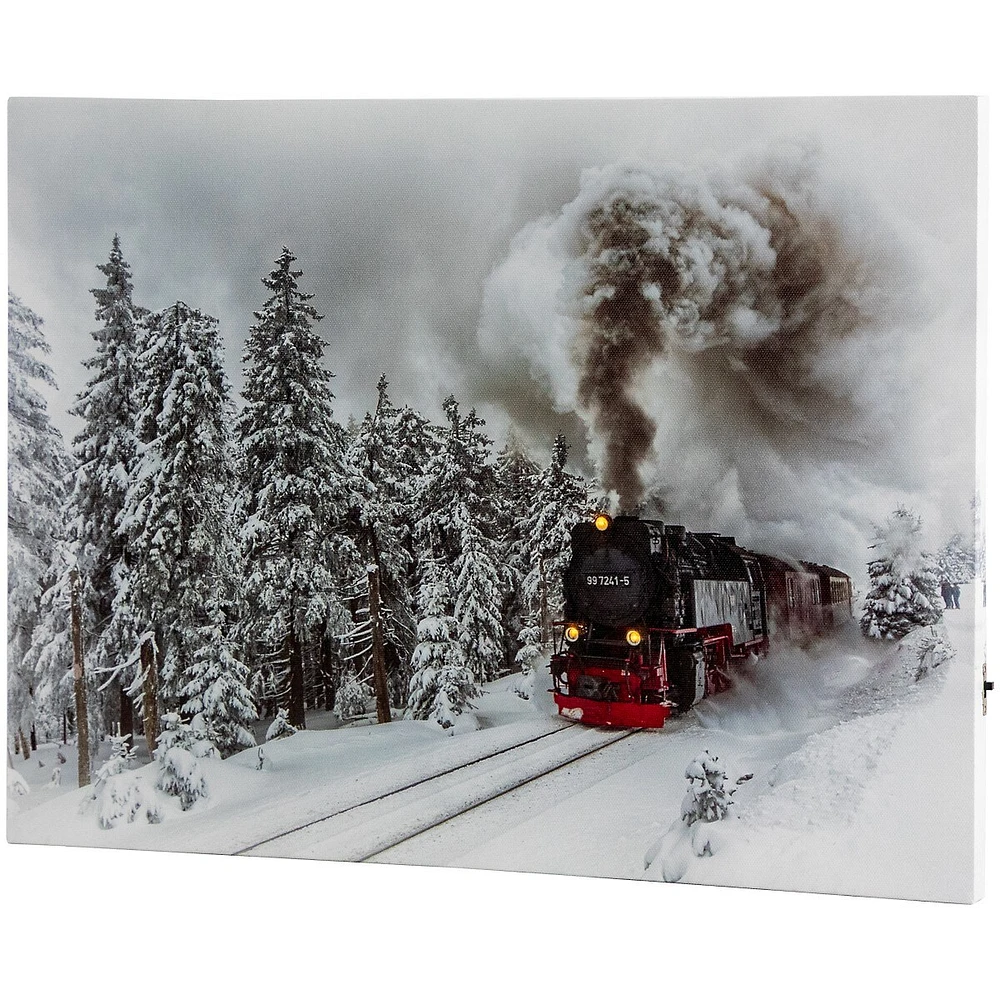 Small Fiber Optic And Led Lighted Winter Woods With Train Canvas Wall Art 12" X 15.75"