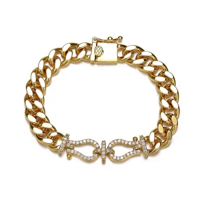 14k Yellow Gold Plated With Cubic Zirconia Love Knot Miami Cuban/curb Chain Bracelet
