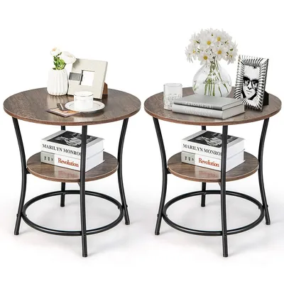 2 Pcs 2-tier Sofa Side End Table Round Nightstand With Sturdy Metal Frame Brown/oak