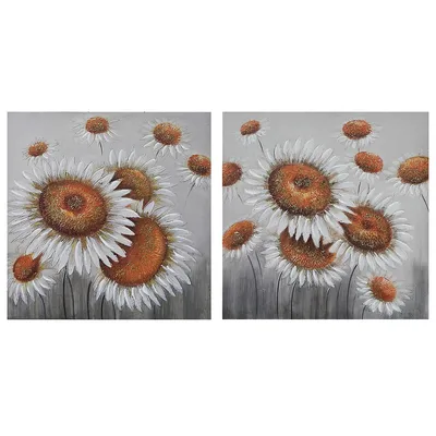 Hand Painted Canvas Wall Art White Sunflower - Set Of 2