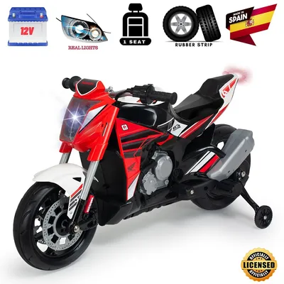 Licensed INJUSA Honda Naked Edition 1-Seater 12V Kids' Ride-on Motorcycle w/ Rubber Wheels, Optional Stabilizing Wheels, MP3