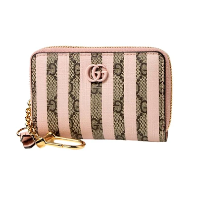 Gg Monogram Canvas Pink Stripes Zip Around Compact Wallet