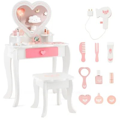 Kids Vanity Set Makeup Table Chair Set Heart-shaped Mirror Accessories Included