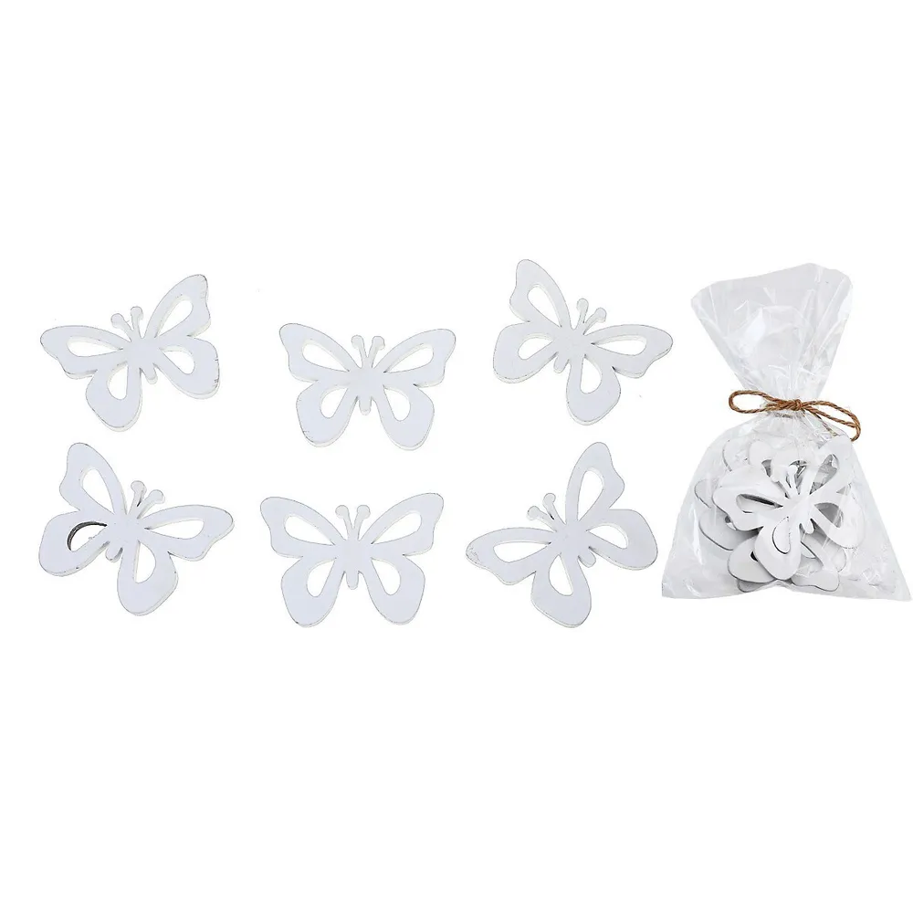 6 Pk Wood Ornaments Butterfly White - Set Of 2