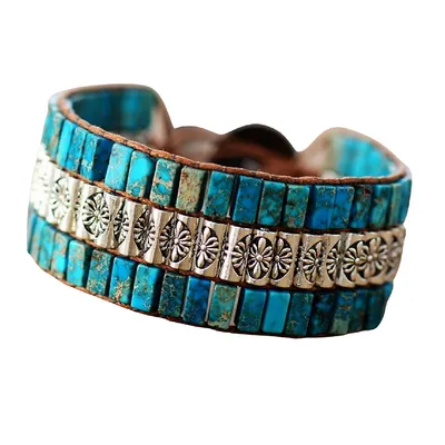 African Turquoise Silvertone Antiqued Leather Bracelet