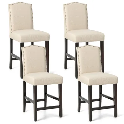 Set Of 4 Upholstered Bar Stools 25" Counter Height Chairs With Rubber Wood Legs Grey/beige