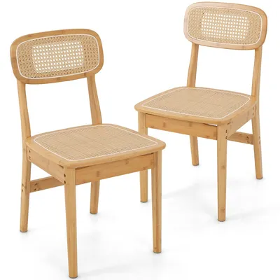 Rattan Accent Chairs Set Of 2 Bamboo Frame Cane Woven Backrest &seat Dining Room