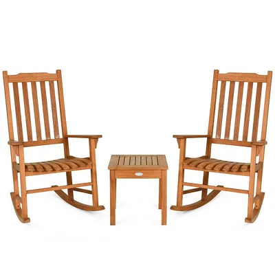3 Pcs Eucalyptus Rocking Chair Set W/ Coffee Table 2 Wood Conversation Chairs