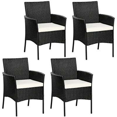 4pcs Patio Rattan Arm Dining Chair Cushioned Sofa Furniture Black
