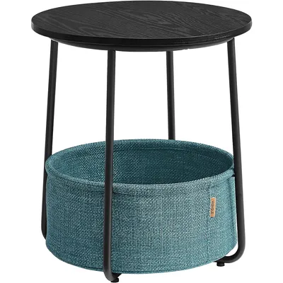 Round End Table With Fabric Basket Ideal For Den Or Bedroom - Black Wood Design And Dark Turquoise