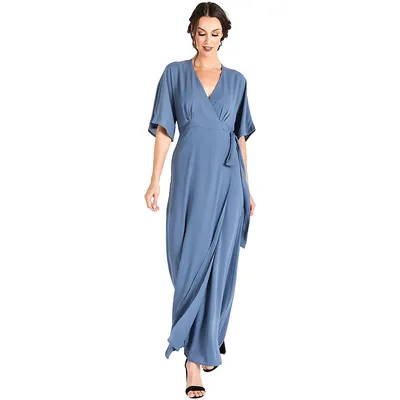 Modern Women's Blue Woven Chiffon Kimono Wrap Maxi Dress