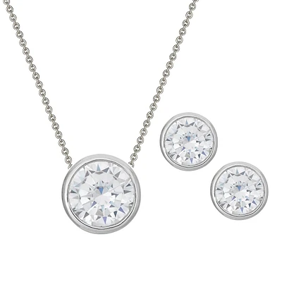 Sterling Silver 18" With Cz Bezel Necklace And Stud Earrings Set