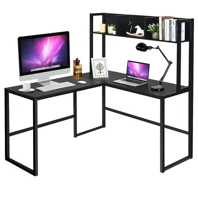 55'' L-shaped Desk Corner Computer Desk W/hutch Black