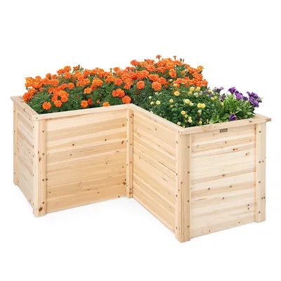 24" L-shaped Deep Root Planter Box Wooden Raised Garden Bed With Open-ended Base