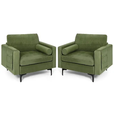 Set Of 2 Accent Armchair Single Sofa W/ Bolster & Side Storage Pocket Army Green