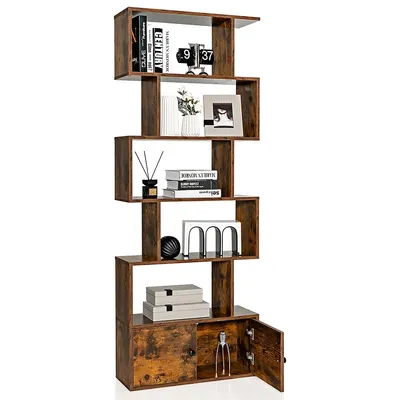 1 Pc Bookshelf W/cabinet 6-tier S-shaped Bookcase Storage Rack Rustic Brownwhite