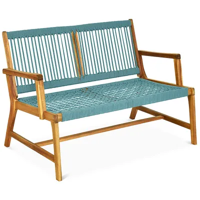 2-person Patio Acacia Wood Bench Loveseat Chair Porch Garden Furniture Turquoise