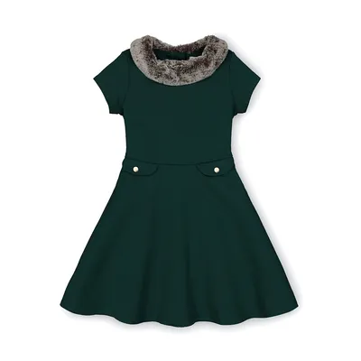 Girls Fit And Flare Ponte Dress With Faux Fur