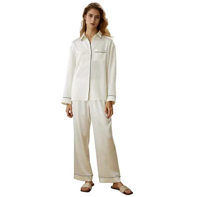 Contrast Piping Button-up Full Length Pajama Set For Women