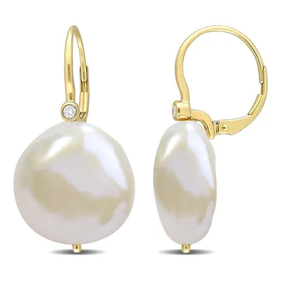 Cultured Freshwater Pearl And Diamond Accent Leverback Earrings In 14k Yellow Gold