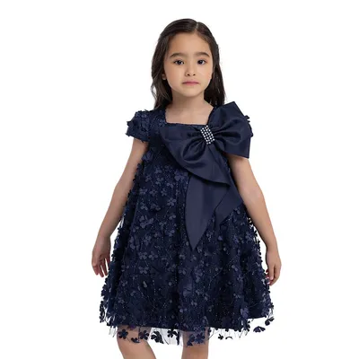 Kids' Navy Trapeze Party Dress With A Bow