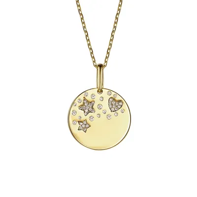 Children's 14k Yellow Gold Plated With Clear Cubic Zirconia Heart & Lucky Star Galaxy Medallion Pendant Necklace