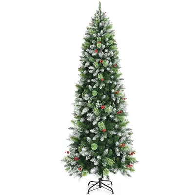 Costway 7.5ft Unlit Snowy Hinged Artificial Pencil Christmas Tree W/ Red Berries