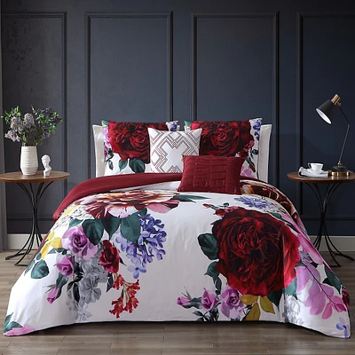 Magenta Floral Bedding 100% Cotton 5 Piece Reversible Queen Comforter Set
