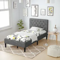 Twin Upholstered Bed Frame Diamond Stitched Headboard Wood Slat Support