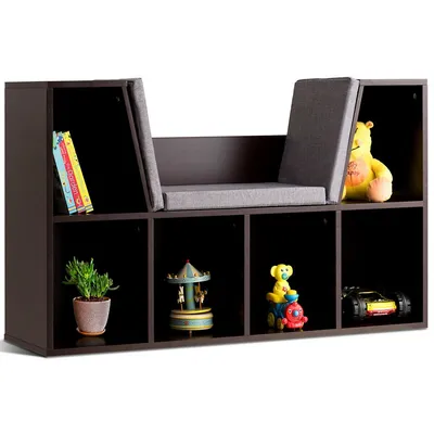 6 Cubby Kid Storage Cabinet Cushioned Bookcase Multi-purpose Reading Shelf Brown