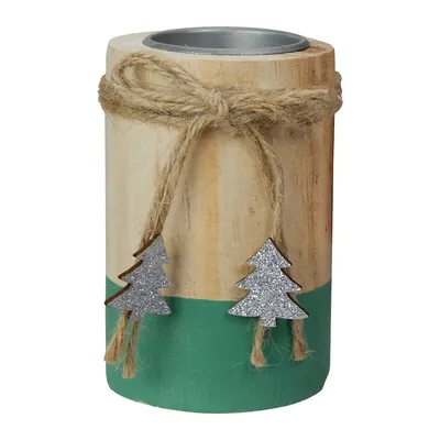 4" Green And Natural Wood Christmas Tea Light Candle Holder
