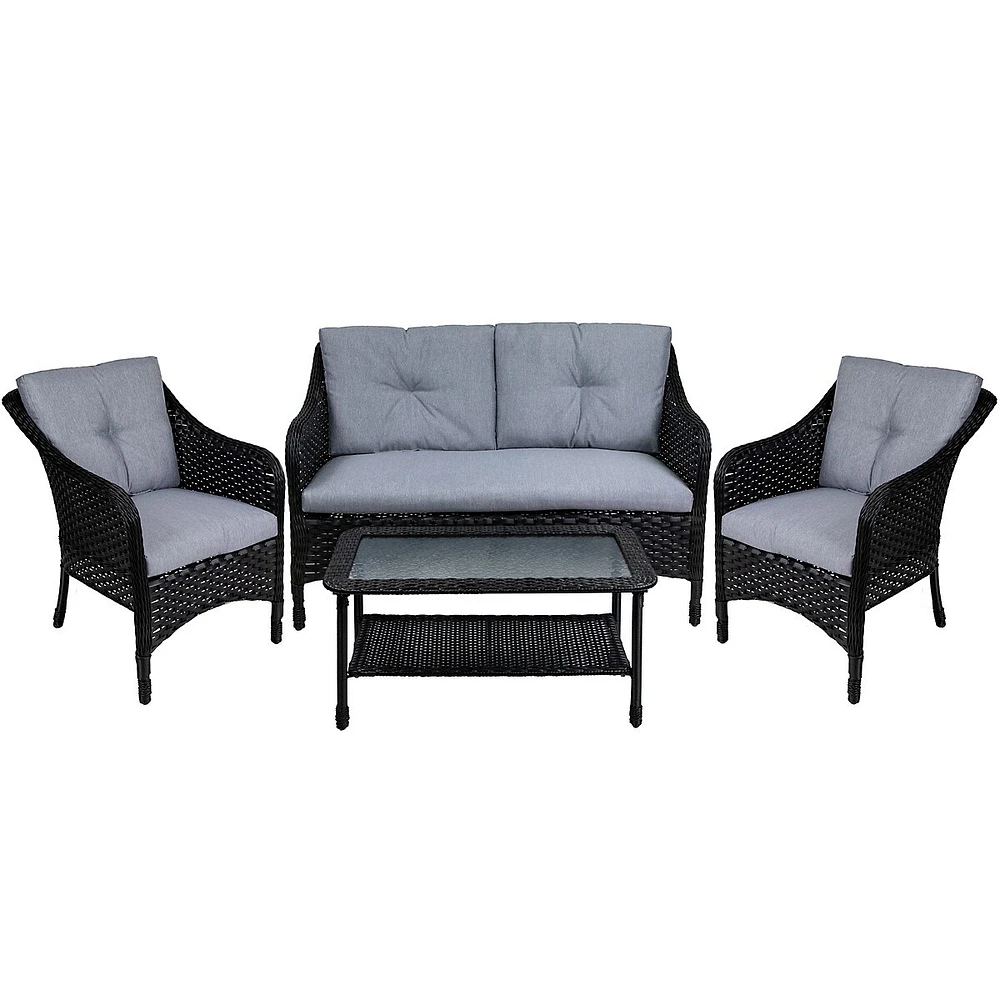4pc Black Resin Wicker Deep Seated Patio Set With Gray Cushions