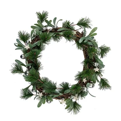 Pine Needle And Silver Ball Ornament Artificial Christmas Wreath, 12-inch, Unlit
