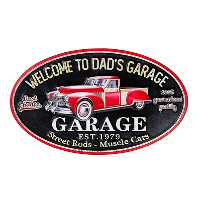 Embossed Oval Metal Sign Welcome To Dad's Garage