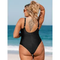 Women's Plus One Piece Swimsuit V Neck Mesh Sheer Bathing Suit